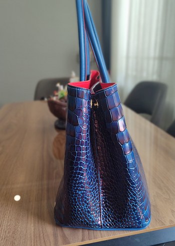 Beden mavi Renk Prada Mavi Deri Yılan Desenli Kadın Çanta