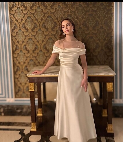 Beyaz saten söz nişan nikah elbisesi
