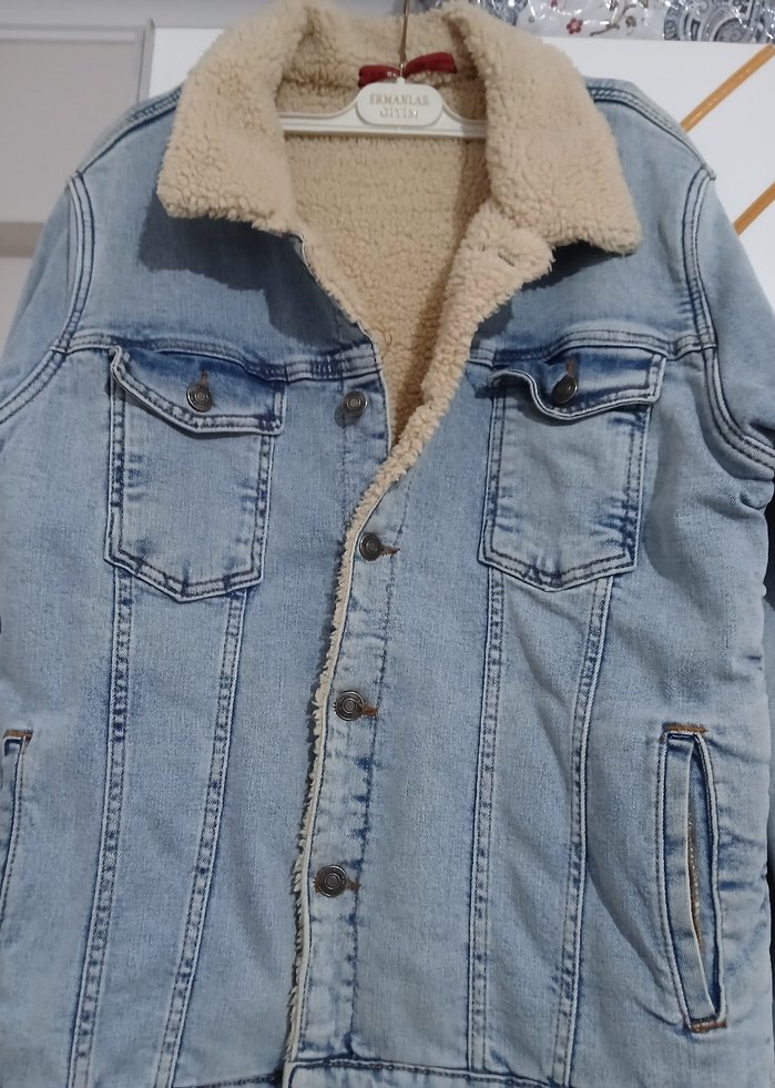 Erkek Gri Kürklü Kot Ceket - Görsel 3