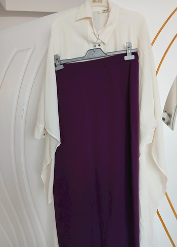 Kadın Takım Etek Düğmeli Beyaz Uzun Kollu Salaş Gömlek - Görsel 6