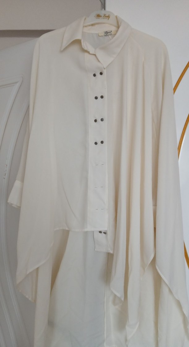 Kadın Takım Etek Düğmeli Beyaz Uzun Kollu Salaş Gömlek - Görsel 3