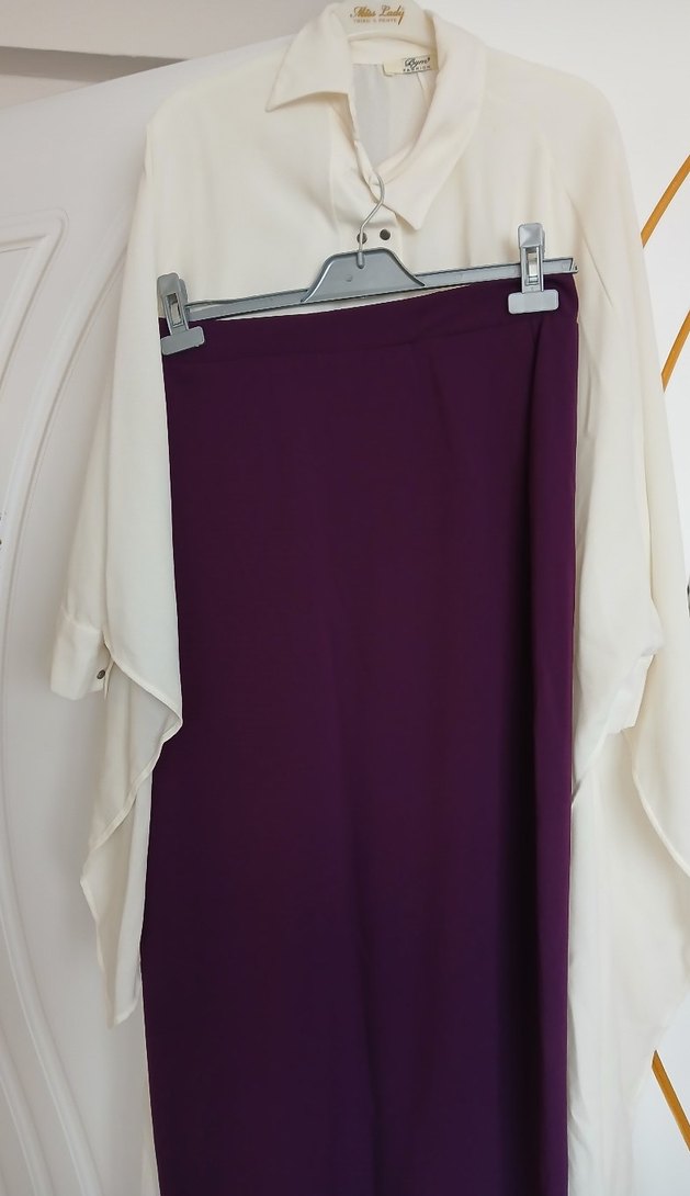 Kadın Takım Etek Düğmeli Beyaz Uzun Kollu Salaş Gömlek - Görsel 5