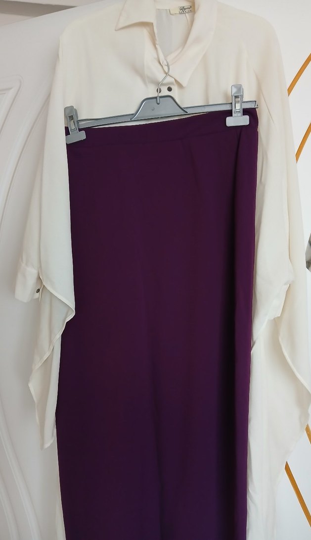 Kadın Takım Etek Düğmeli Beyaz Uzun Kollu Salaş Gömlek - Görsel 4