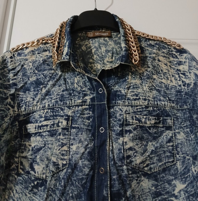 Kadın Zincir Detaylı Batik Desen Mavi Denim Gömlek - Görsel 2