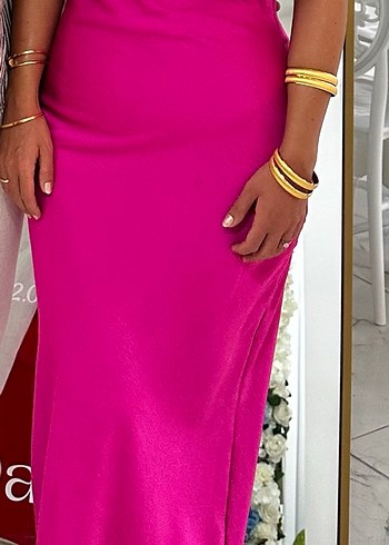 Pembe Drapeli Uzun Kadın Elbise - Görsel 5