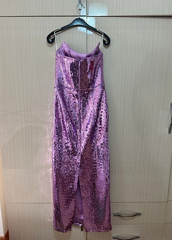 Parlak Lila Pul Detaylı Uzun Straplez Elbise - Görsel 5