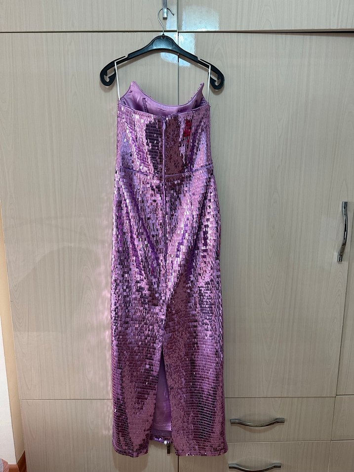 Parlak Lila Pul Detaylı Uzun Straplez Elbise - Görsel 5