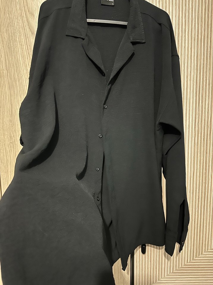 Siyah Keten Düğmeli Uzun Kollu Kadın Gömlek - Görsel 2