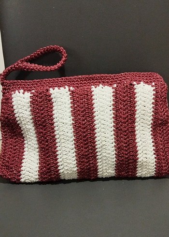 Bordo Beyaz Çizgili Örgü Kadın Clutch Çanta