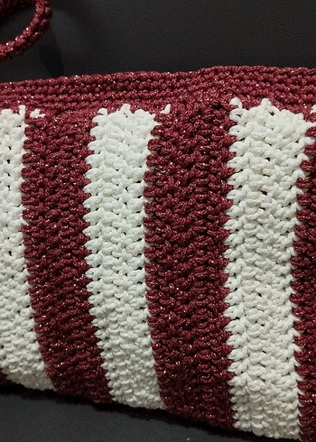 Diğer Bordo Beyaz Çizgili Örgü Kadın Clutch Çanta
