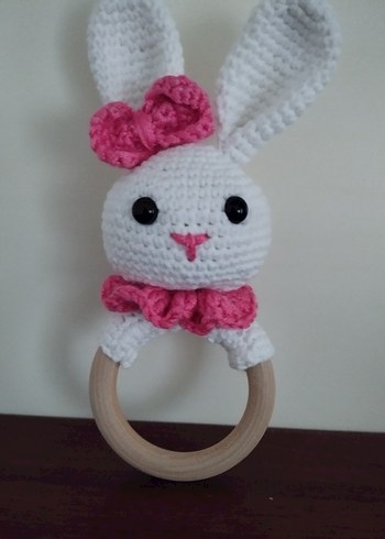 Pembe Örgü Tavşan Diş Kaşıyıcı ve Çıngırak - Görsel 2