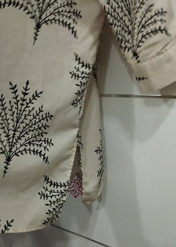 Bej Desenli Uzun Keten Kadın Gömlek - Görsel 2