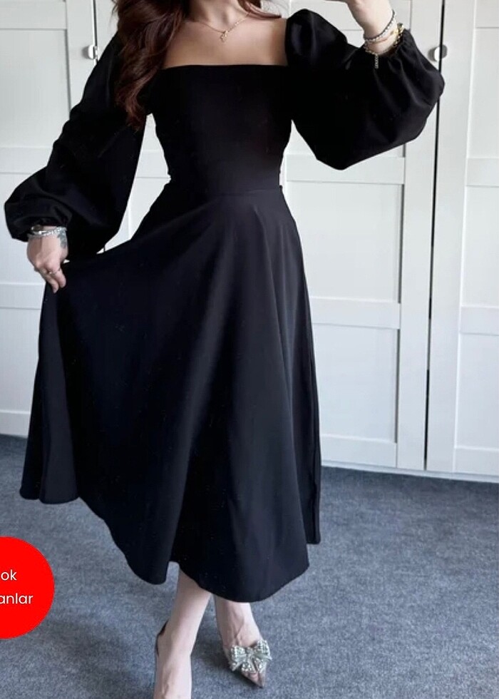 Balon kolu uzun elbise - Görsel 2