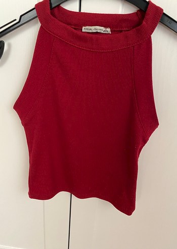 Bordo Yüksek Yakalı Kolsuz Crop Top