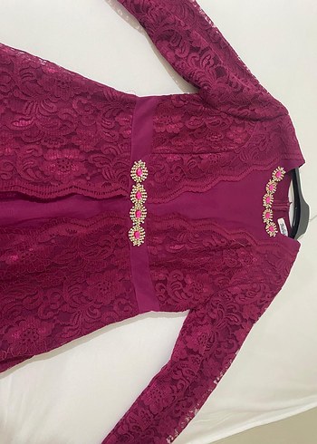 Diğer Bordo Uzun Kollu Dantel İşlemeli Kadın Bindallı 46 beden