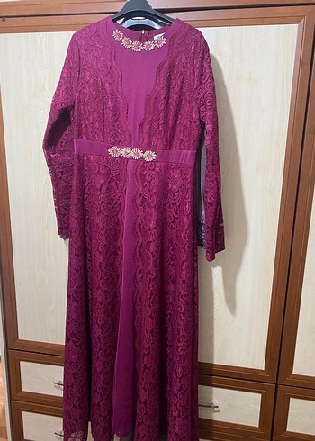 universal Beden bordo Renk Bordo Uzun Kollu Dantel İşlemeli Kadın Bindallı 46 beden