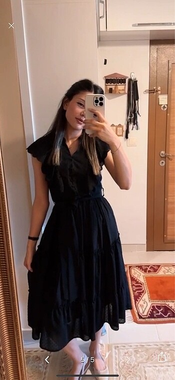 xs Beden siyah Renk Ekol Fırfırlı siyah elbise