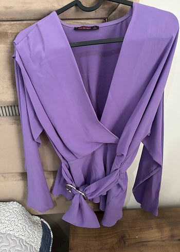 Lila Saten Bağlama detay Bluz - Görsel 4