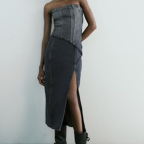 s Beden Zara Denim Straplez Elbise
