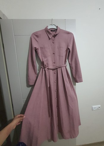 Diğer Pembe Uzun Keten Elbise Düğmeli