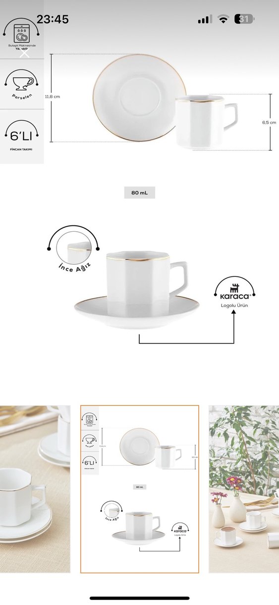 Beyaz Seramik Kahve Fincanı Seti Karaca 6 kısılık 1 kez kullaldi - Görsel 2