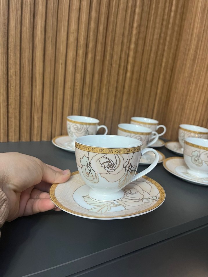 Porselen Gri Desenli 6'lı Fincan Latte ıcınde uygundur - Görsel 3