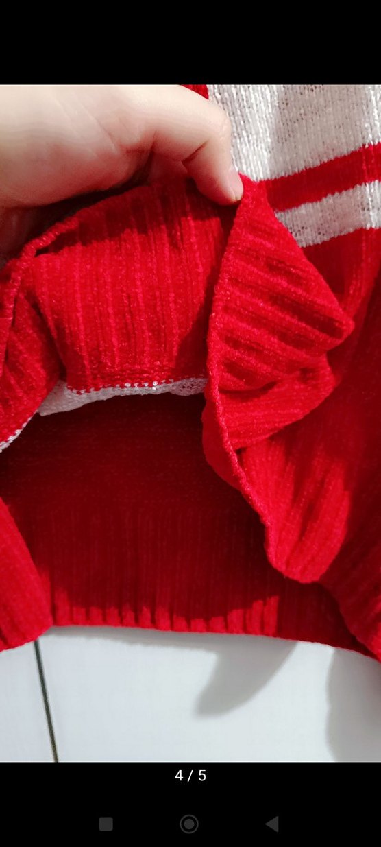 Kırmızı Gri Çizgili V Yakalı Triko Kazak - Görsel 3