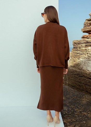 Kahverengi Uzun Triko Kadın Elbise takım 2 li altı v yaka - Görsel 2
