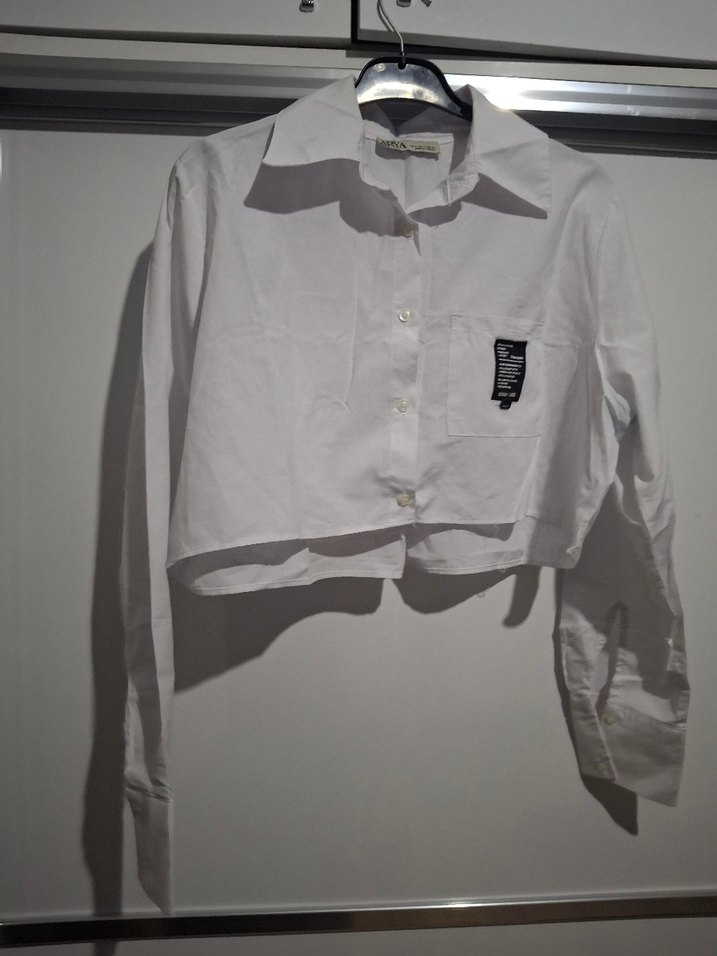 Beyaz  Baskılı crop  Pamuk Kadın Gömlek - Görsel 4