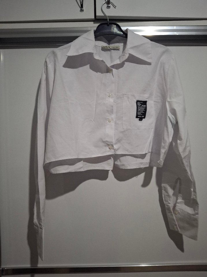 Beyaz  Baskılı crop  Pamuk Kadın Gömlek - Görsel 2