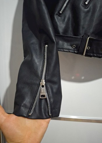 Kadın Siyah Deri Biker Ceket - Görsel 4