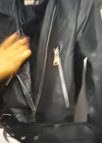 Kadın Siyah Deri Biker Ceket - Görsel 5