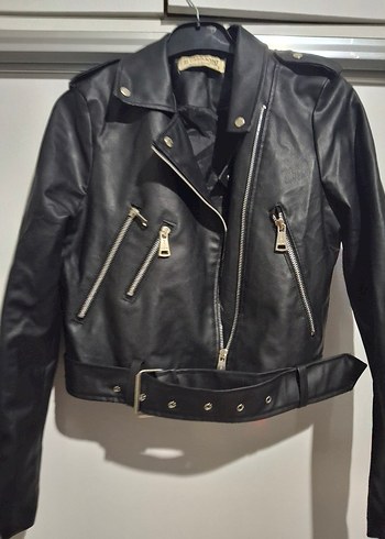 Kadın Siyah Deri Biker Ceket - Görsel 2