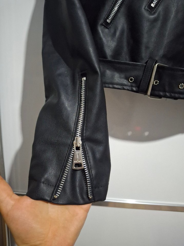 Kadın Siyah Deri Biker Ceket - Görsel 4