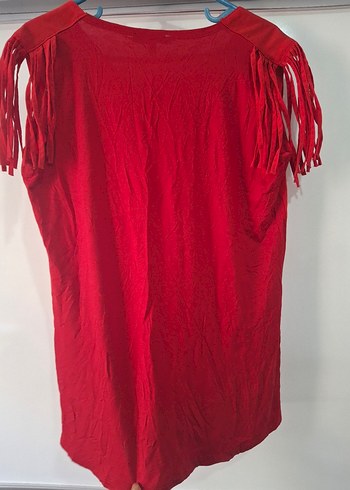 Püsküllü Kırmızı Süet V Yaka Bluz - Görsel 5