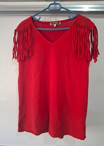 Püsküllü Kırmızı Süet V Yaka Bluz - Görsel 2