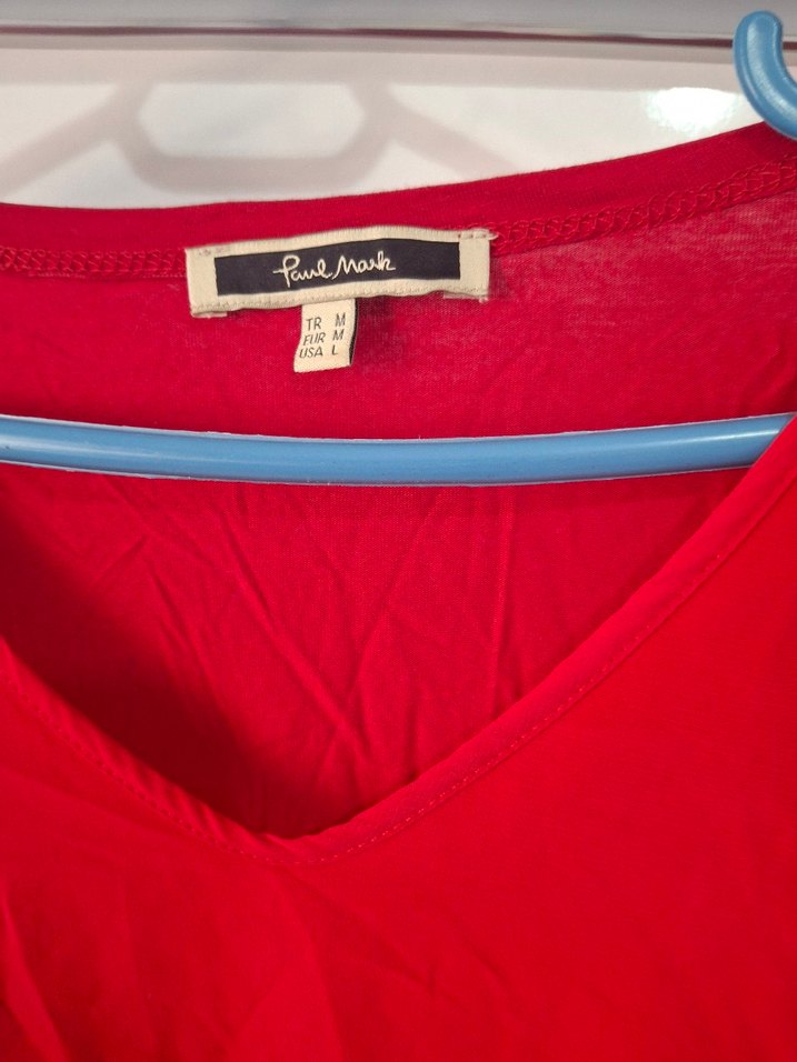 Püsküllü Kırmızı Süet V Yaka Bluz - Görsel 3