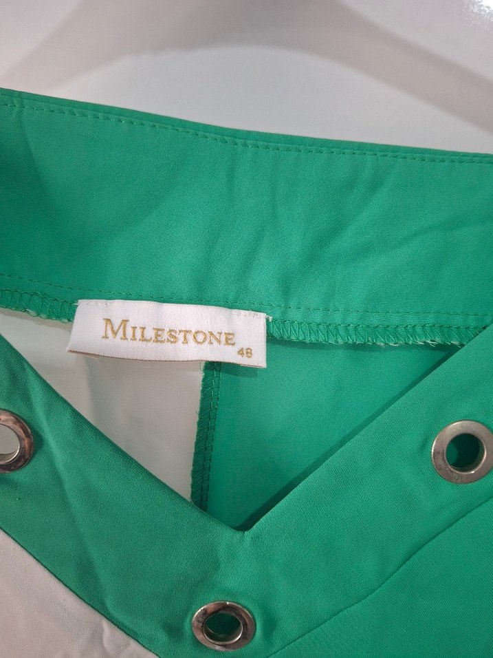 Yeşil-Beyaz V Yakalı Düğmeli Kadın Bluz - Görsel 3