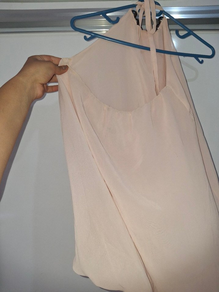 Drapeli pudra renk boyundan bağlamalı bluz - Görsel 5