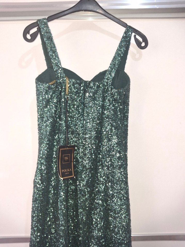 Yeşil Parlak Payetli Midi Abiye Elbise - Görsel 4