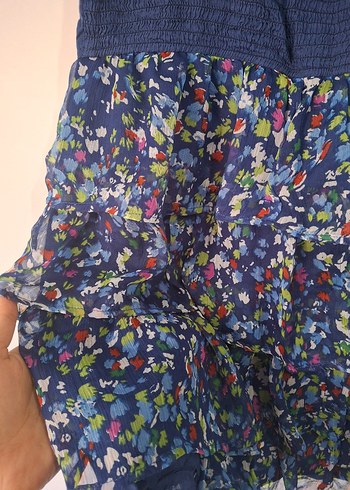 Mavi Bohem Midi Elbise, Fırfırlı, Askılı - Görsel 3