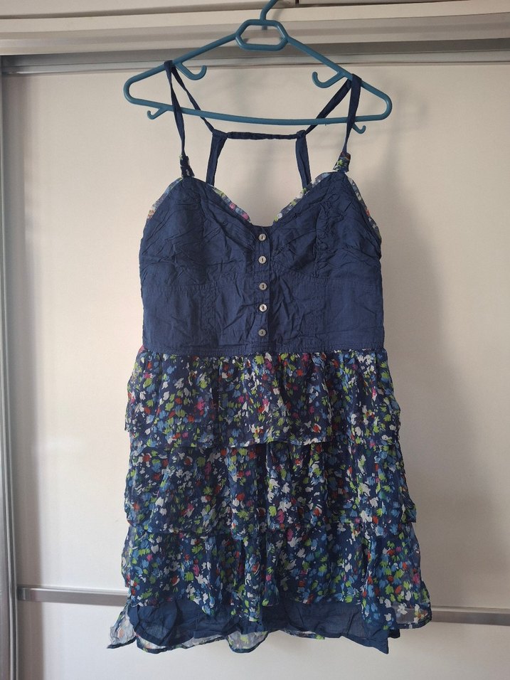 Mavi Bohem Midi Elbise, Fırfırlı, Askılı - Görsel 5