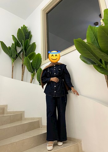 Kadın Mavi Batik Desenli Denim Takım