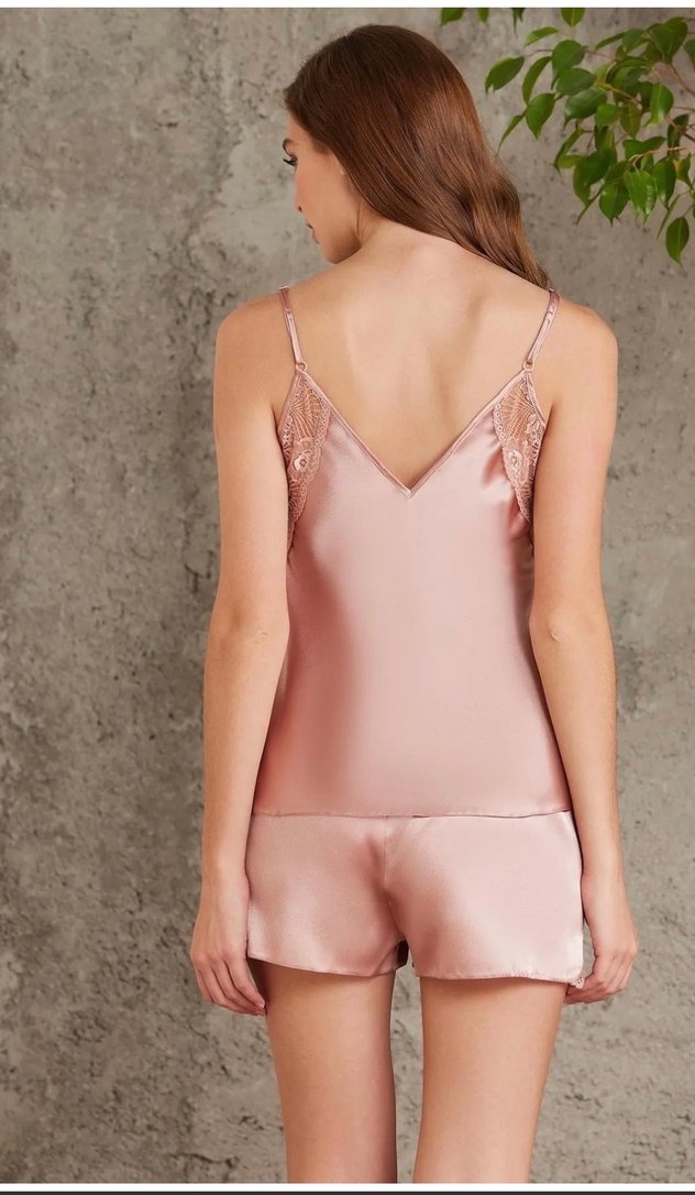 Pembe Saten Mini Kadın Pijama Takımı - Görsel 4