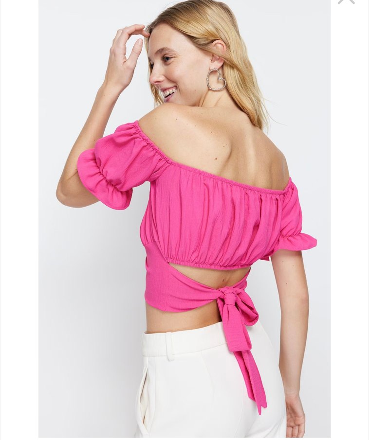 Pembe Mini Fırfırlı Straplez Bluz - Görsel 3