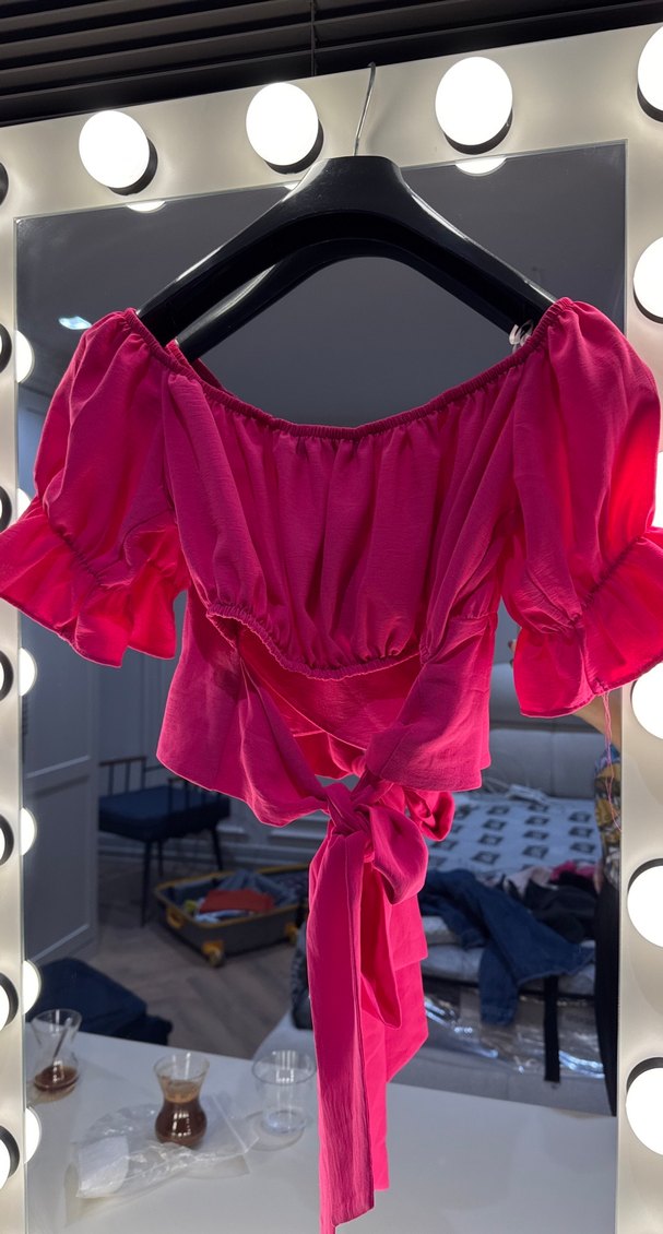 Pembe Mini Fırfırlı Straplez Bluz - Görsel 5