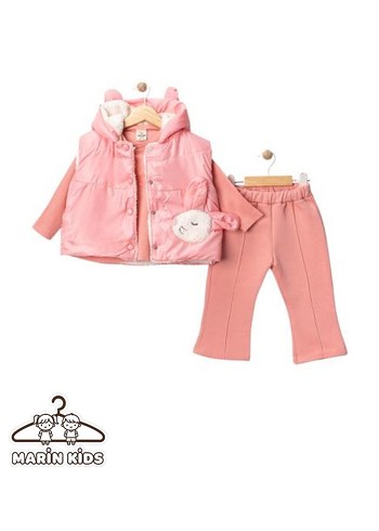 Pembe Kapüşonlu Nakışlı Kız Çocuk Mont takım - Görsel 4