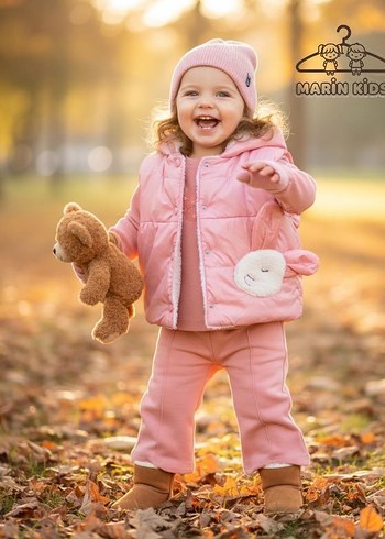 Pembe Kapüşonlu Nakışlı Kız Çocuk Mont takım - Görsel 3