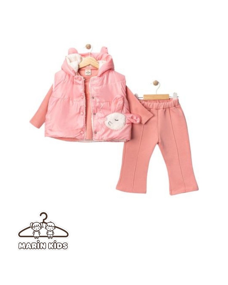 Pembe Kapüşonlu Nakışlı Kız Çocuk Mont takım - Görsel 4