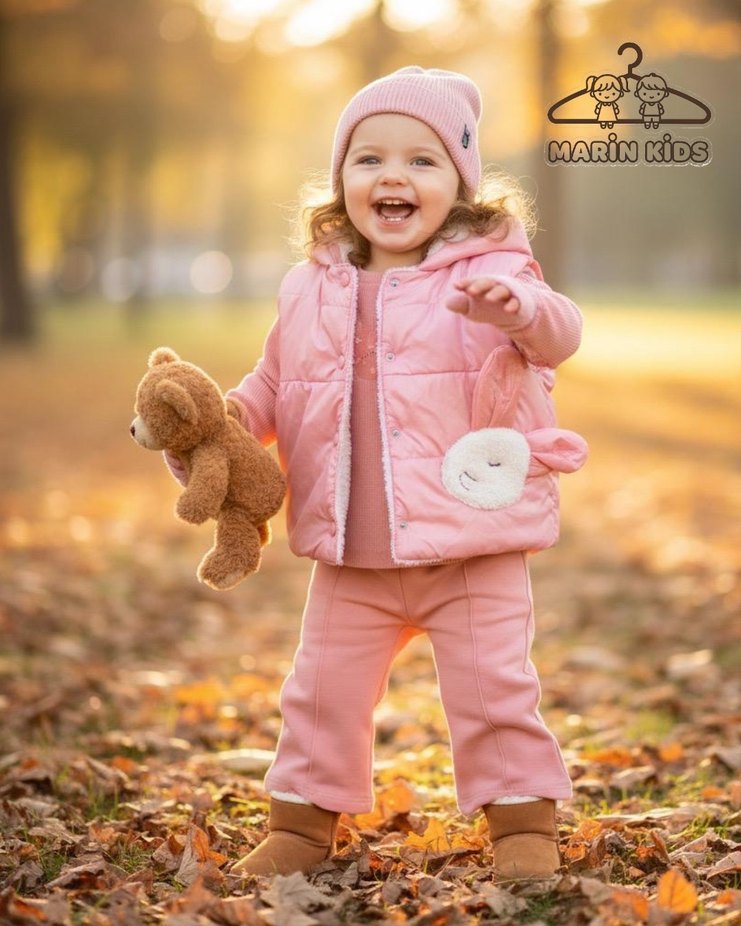 Pembe Kapüşonlu Nakışlı Kız Çocuk Mont takım - Görsel 3